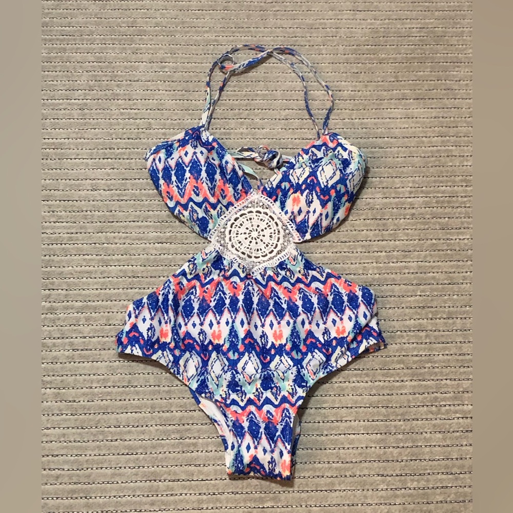 Blue and Coral Patterned Women’s One-Piece Swimsuit with Crochet Accent